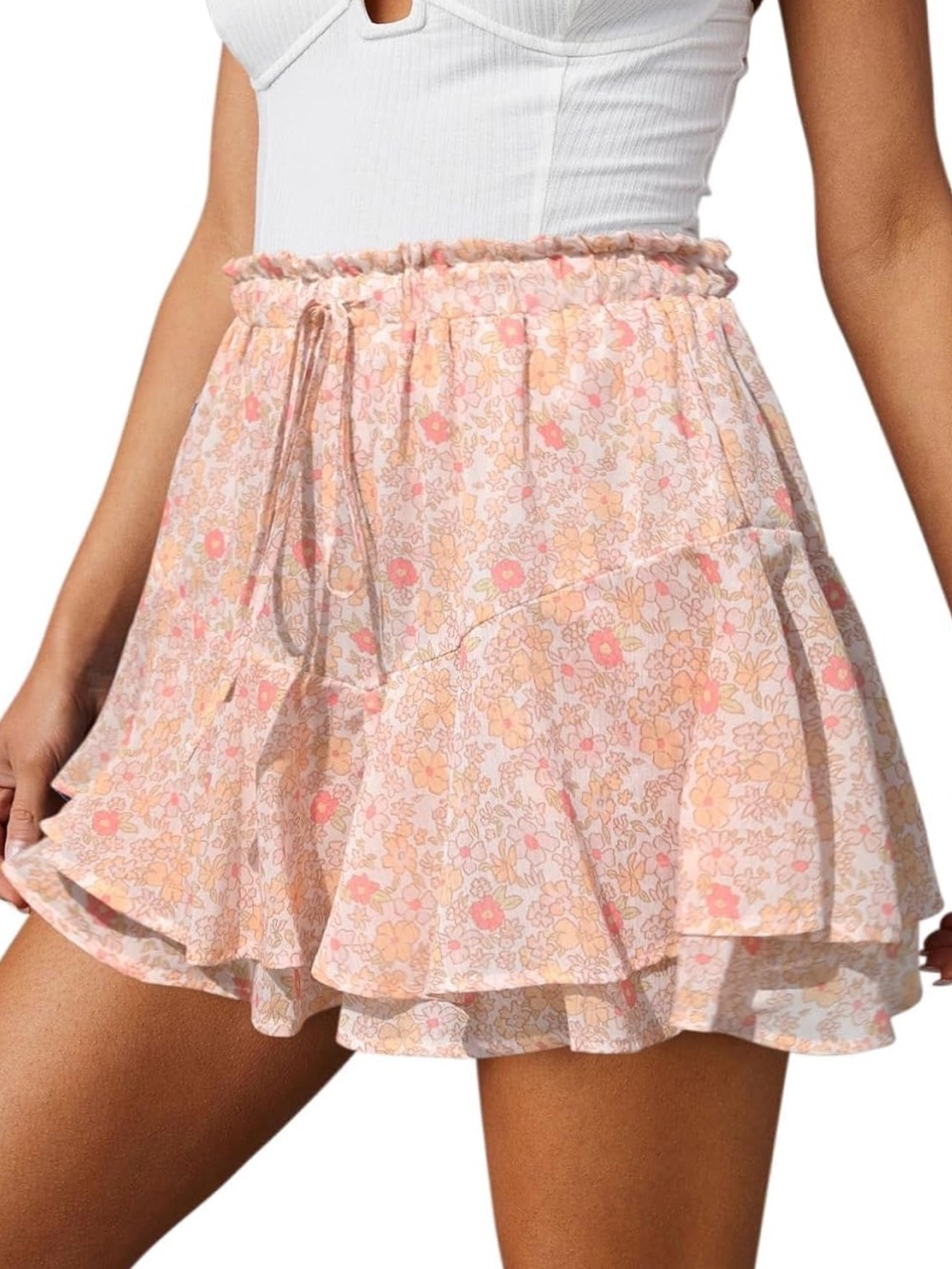Orange Pink Floral Flowy Ruffle Mini Chiffon Tennis Skort Skirt Shorts L Large
